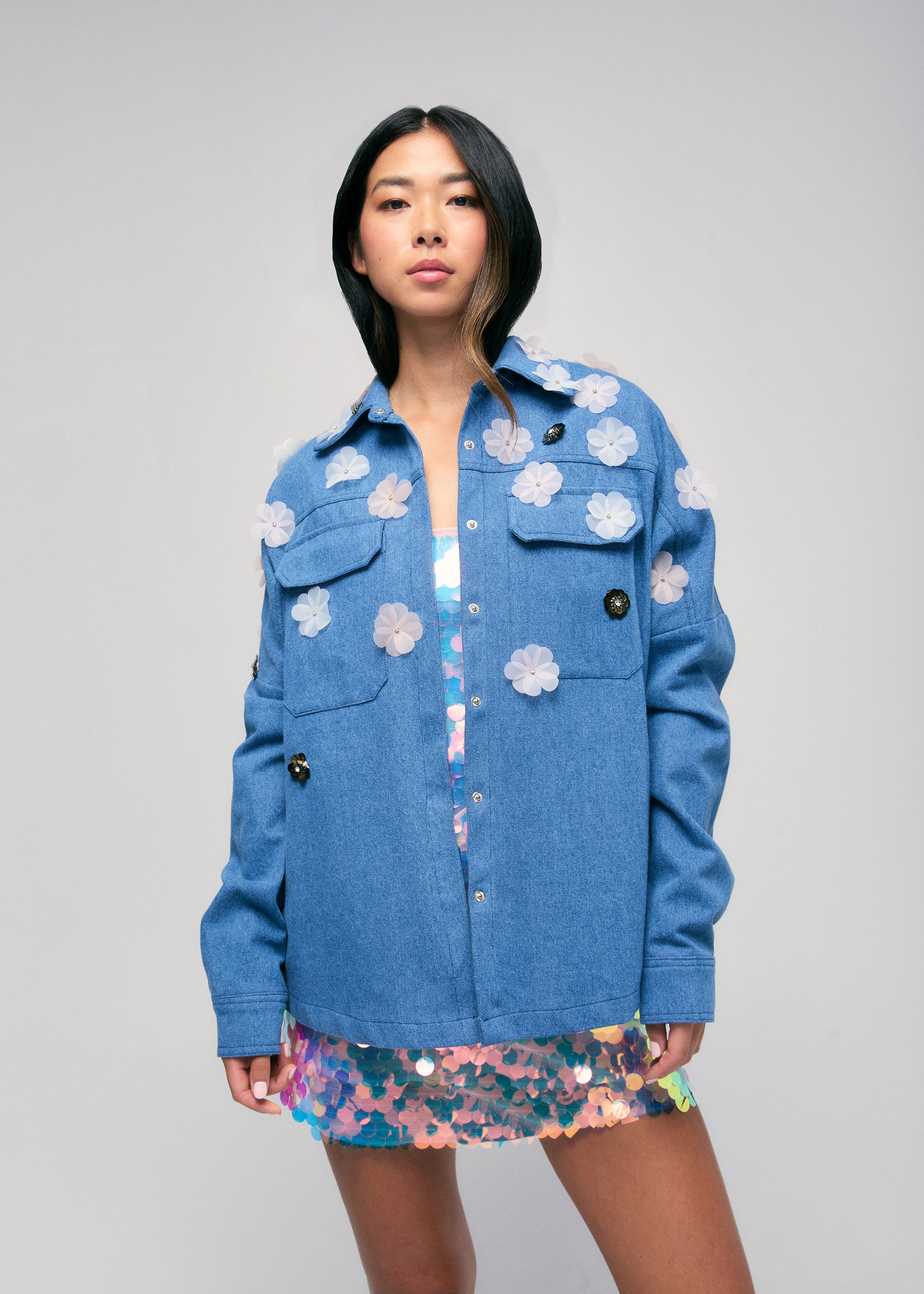 Oversized Denim Jacket with Appliqué